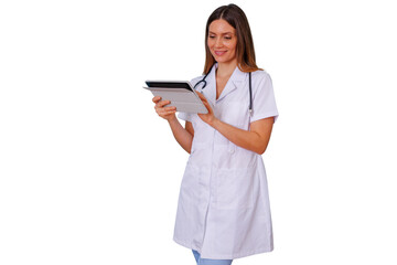 Female doctor using digital tablet, a healthcare professional checking medical data with technology, transparent background
