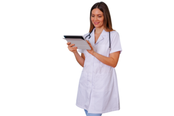Female doctor using digital tablet, a healthcare professional checking medical data with technology, transparent background