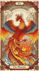 Majestic phoenix rises from flames with ornate border and swirling clouds.