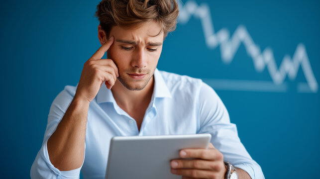 Young businessman analyzing financial data on tablet, declining graph backdrop, concern expression, market downturn, investment worry, with copy space - Powered by Adobe