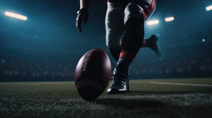 American football player about to kick the ball during a night game on a stadium field. Kickoff concept for baseball sports background and banner.
