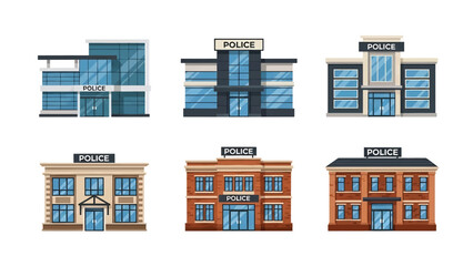 Modern vector illustration of police station buildings in various architectural styles, isolated on white background, solid colors, ideal for safety and law enforcement visuals