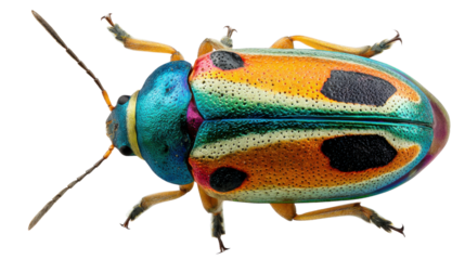 Colorful iridescent harlequin beetle insect displaying vibrant rainbow patterning on transparent background