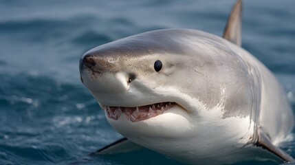 Fototapeta premium A close up portrait of a great white shark with its mouth slightly open revealing sharp teeth in the ocean