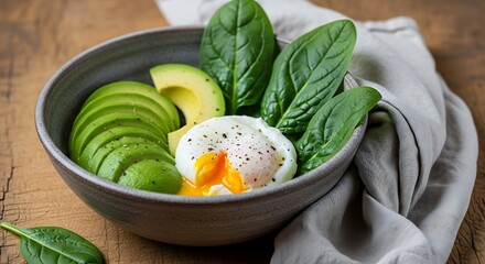 Bowl of poached egg and sliced avocado with spinach.
