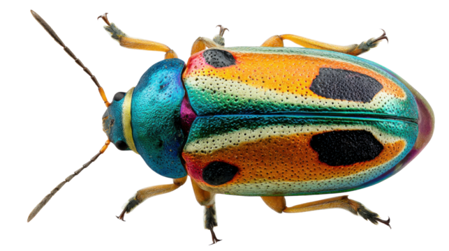 Colorful iridescent harlequin beetle insect displaying vibrant rainbow patterning on transparent background - Powered by Adobe