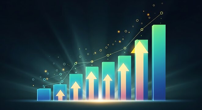 Business growth bar chart with upward trend and glowing particles. - Powered by Adobe