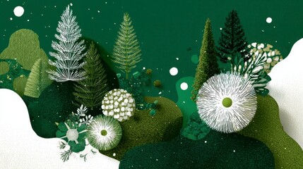 An abstract illustration showcasing an enchanting forest scene with various stylized trees on textured, rolling hills, highlighted with white flakes