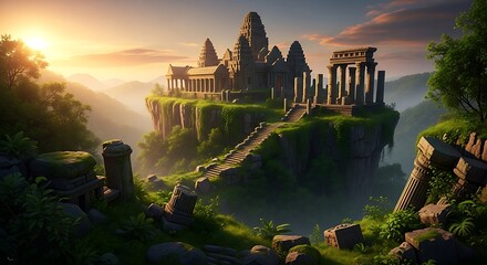 Ancient temple ruins perch on a misty cliffside at sunrise.
