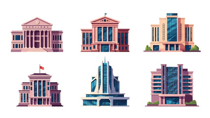 Modern vector illustration of public library buildings in various architectural styles, isolated on white background, solid colors, ideal for education and knowledge themes
