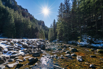 Water stream at Dolina Koscielicka valley. Polish west Tatry mountains in winter