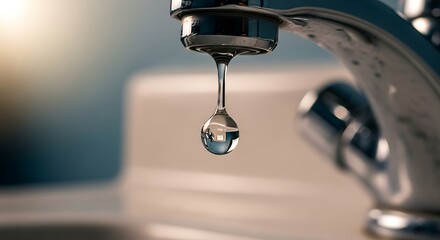 Single water drop forms on a gleaming chrome faucet in a bathroom.