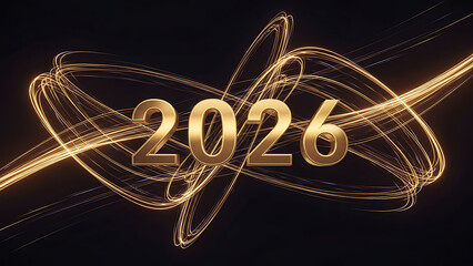 Golden 2026 with dynamic light trails and futuristic glowing streaks on a dark background