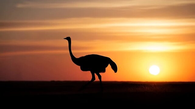 Ostrich Silhouette at Sunset: An evocative silhouette of a majestic ostrich against a vibrant sunset sky, portraying a sense of freedom and wonder in the African landscape.
