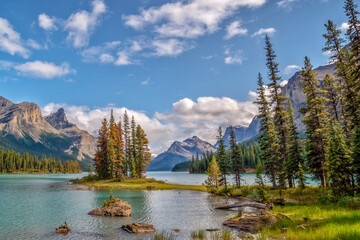 View of Spirit island in Maligne lake, Jasper National Park, Alberta landscape, Rocky Mountains, Canada