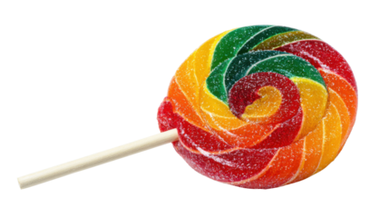 Rainbow lollipop with colorful swirl pattern on wooden stick, a sweet sugar candy treat, transparent background