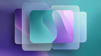 Modern glassmorphism abstract background featuring layers of frosted glass cards floating over blurred soft teal and purple gradients.