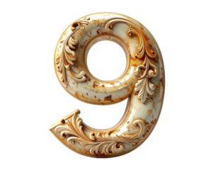 Ornate, aged, decorative digit "9" with scrolling floral elements
