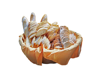 Basket of fresh baguette bread isolated on white or transparent background, png cut out