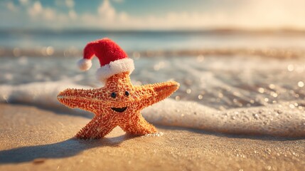 Christmas Starfish Wearing Santa Hat on Sandy Beach