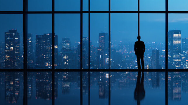Silhouette of a businessperson looking out a panoramic office window at a city skyline during blue hour, symbolizing corporate vision and ambition.