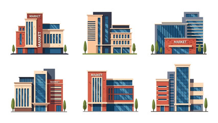 Modern vector illustration set of public market buildings in different architectural styles, isolated on white background, solid colors, ideal for commerce and city life visuals