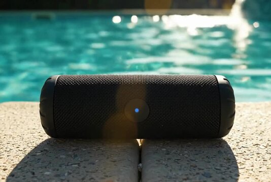 Black waterproof wireless bluetooth speaker sitting on poolside edge with flickering blue power light indicator during sunny day at swimming pool outdoor location