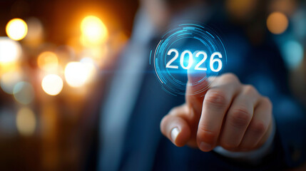 Businessman pressing button start new year 2026, future technology hologram, goal planning, economics growth finance, AI chat bot, phone analysis, with copy space