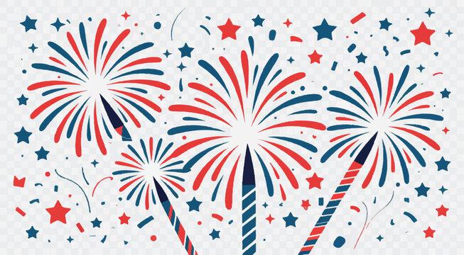 Fourth of July fireworks pattern vector illustration with red, white, and blue stars, stripes, and flag elements for seamless America independence day celebration design backdrop