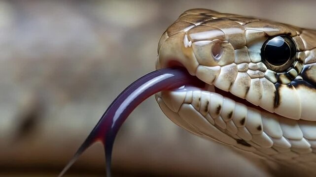 Serpent's Gaze: A close-up view of a snake extending its forked tongue, highlighting the intriguing textures and patterns of the reptile's scales.