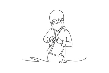 Fototapeta premium kindergarten boy focuses on buttoning his shirt by himself. Growing family life stage concept. Single line draw design. Vector graphic illustration