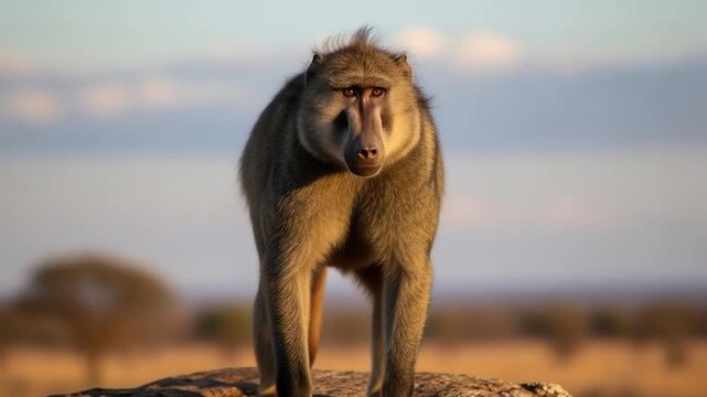 Baboon's gaze: A captivating close-up of a baboon perched atop a sun-kissed rock, its intense gaze conveying a sense of command against a backdrop of the African savannah.