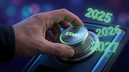 Hand pressing start button for 2026 planning.
