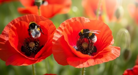 Bumblebee collects nectar from a vibrant red poppy flower in sunlight.