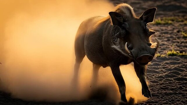 Warthog Sprinting Through Dust: A formidable warthog sprints through a cloud of dust in the arid environment, its tusks gleaming, against a backdrop of the golden sunset.