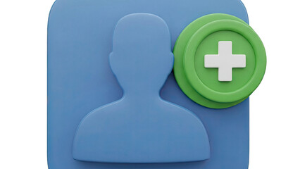 3D Add User Icon with Plus Symbol on transparent background