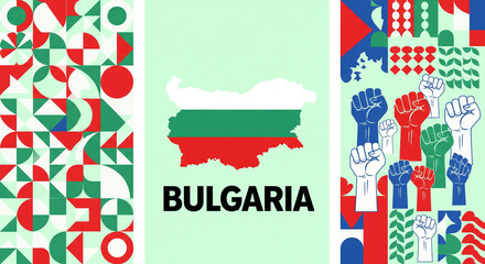 Fototapeta premium Bulgaria national or independence day banner for bulgarian celebration. Flag and map of Bulgaria with raised fists. Modern retro design with typorgaphy abstract geometric icons. Vector illustration