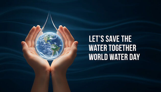 Hands holding a water droplet with Earth inside, symbolizing conservation on World Water Day from a global perspective