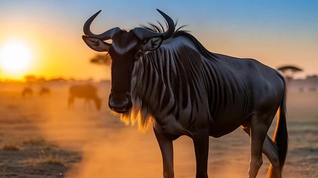 Majestic Wildebeest in Savanna: An imposing wildebeest stands proudly in its natural habitat, bathed in the warm, golden light of the setting sun, against a backdrop of the African savanna.