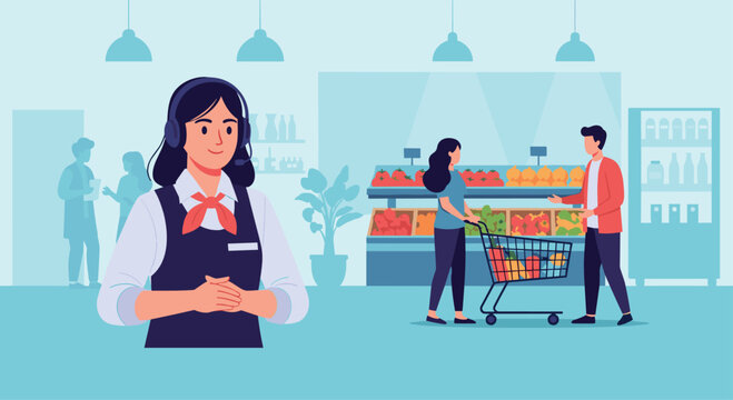 Friendly female supermarket employee with a headset provides customer support, with shoppers in the grocery store background. - Powered by Adobe