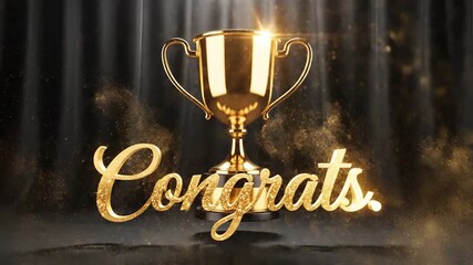 Elegant gold trophy awards with celebratory sparkles and congratulatory message
