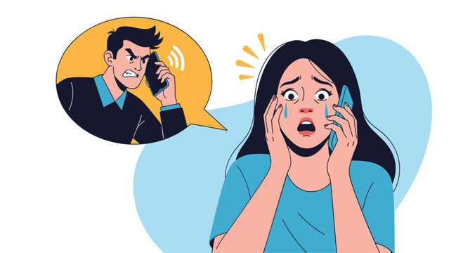 Terrified woman crying during a phone call with an aggressive man who is yelling, illustrating conflict or verbal abuse.