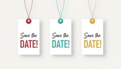 Colorful save the date tags hanging from strings against a neutral background