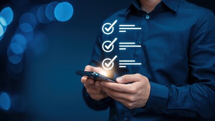 A professional using a digital device to manage a marketing strategy with a checklist overlay in a modern setting