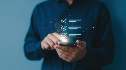 A person holding a smartphone with digital interface elements displayed