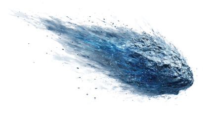 Fast moving celestial object burning in space with a bright blue icy trail, cosmic asteroid or meteor streaking