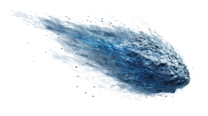 Fast moving celestial object burning in space with a bright blue icy trail, cosmic asteroid or meteor streaking