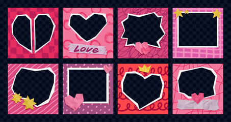 Paper cut-out heart frames with collage elements and crayon texture. Vector romantic red and pink scrapbook backgrounds for Valentine&rsquo;s Day card design with couple photos