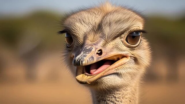 Ostrich Close-up: A curious ostrich with a mix of intrigue and amusement stares directly at the viewer, showing a distinct expression.