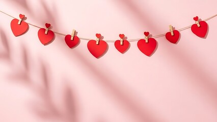 Red paper hearts strung on a line with clothespins against a pink wall with shadow